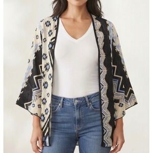 Double Take Women Tribal Geometric Open Front Kimono Cardigan Cream Black Blue M